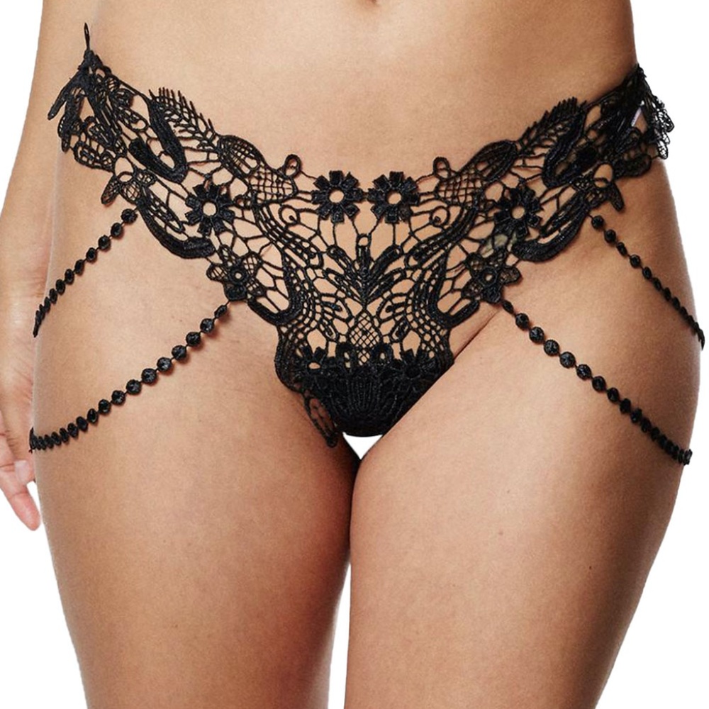New Black Beaded Chains Embroidered Lace Thong